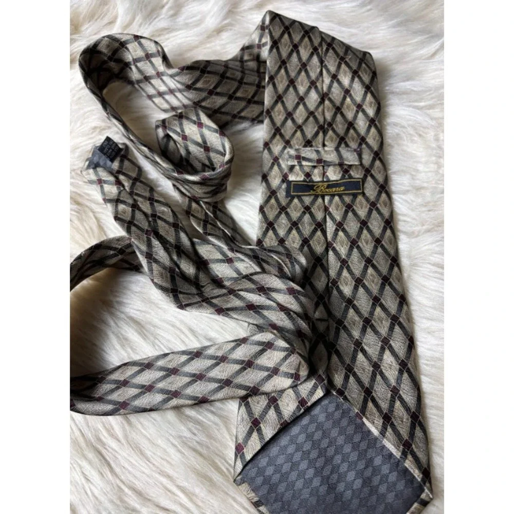 Bocara Silk Tie Mens Gray Red Gold Geometric Satin Necktie Classic Handmade
